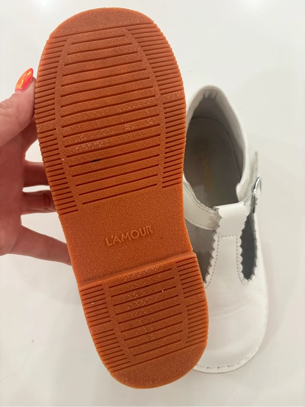 L'Amour White Scalloped T-Strap Kids Dress Shoes